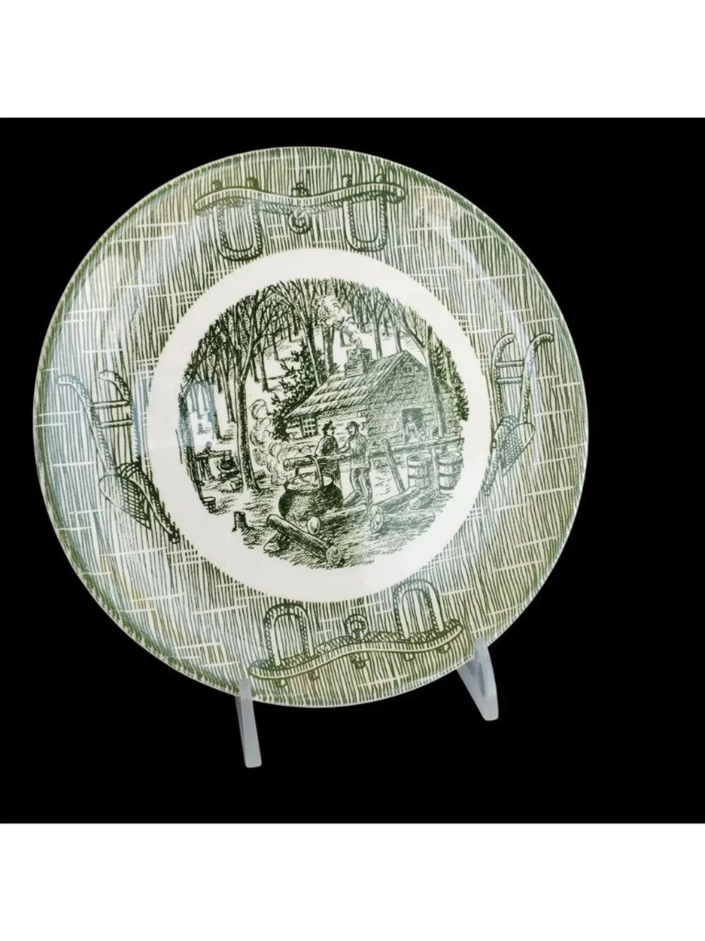 Vintage Green Transferware Currier Ives Log Cabin Pioneer Plate 8